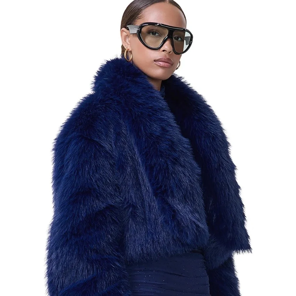 AFRM Stephanie fur jacket in dark navy - Picture 3 of 6